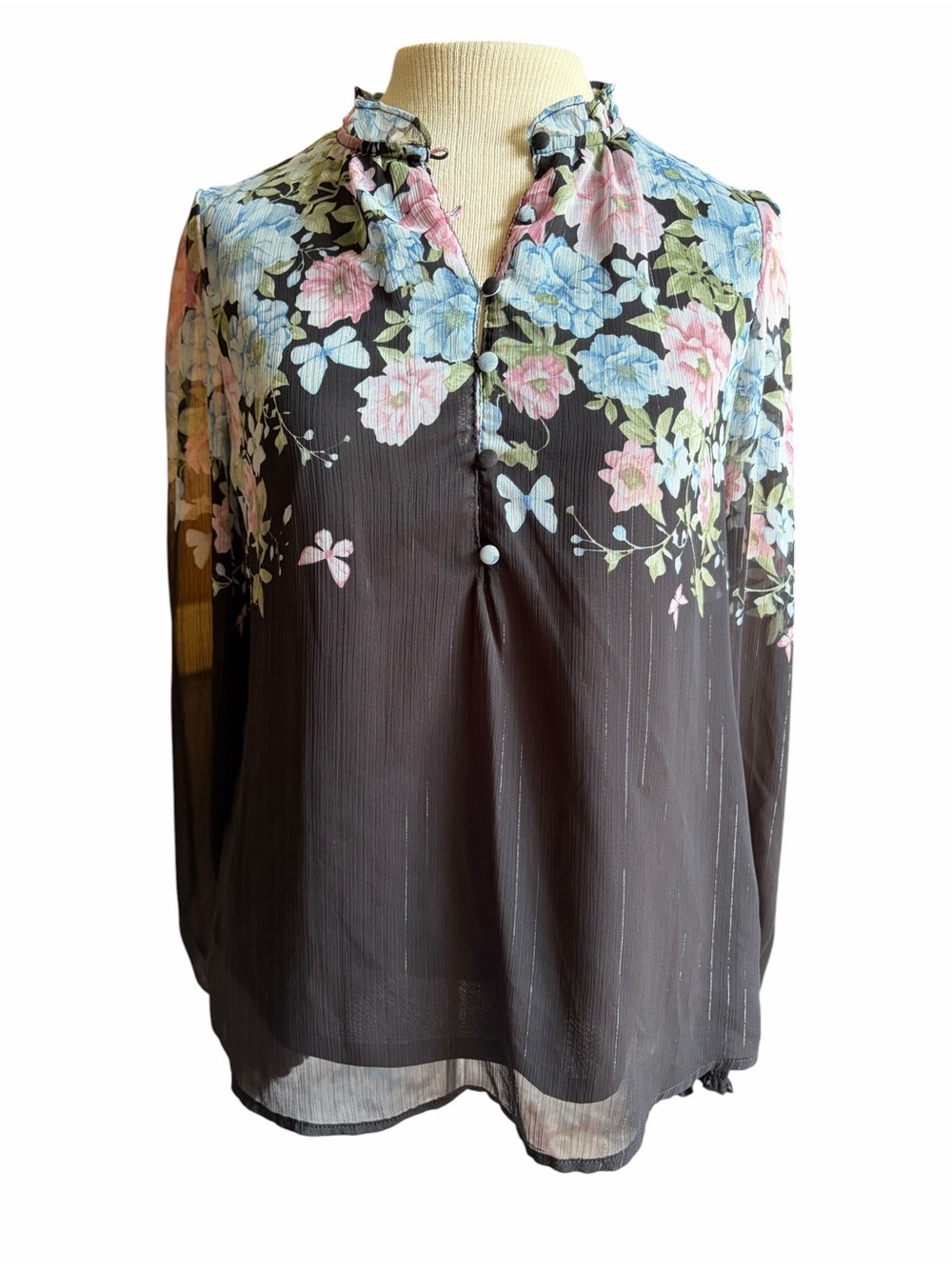 Black Floral High-Neck Blouse with Pink & Blue Blooms